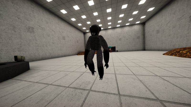 Gustavo, a tall dark ape with long arms, standing in a huge concrete hall lit by rows of ceiling lights