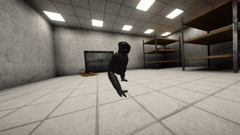 Ink Ape, a black ape with glowing red eyes, in a concrete storage room with metal shelving