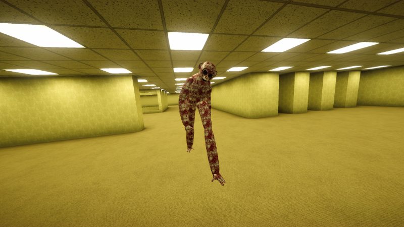 Taller, a thin red-patterned creature with long arms, in a wide yellow Backrooms hall